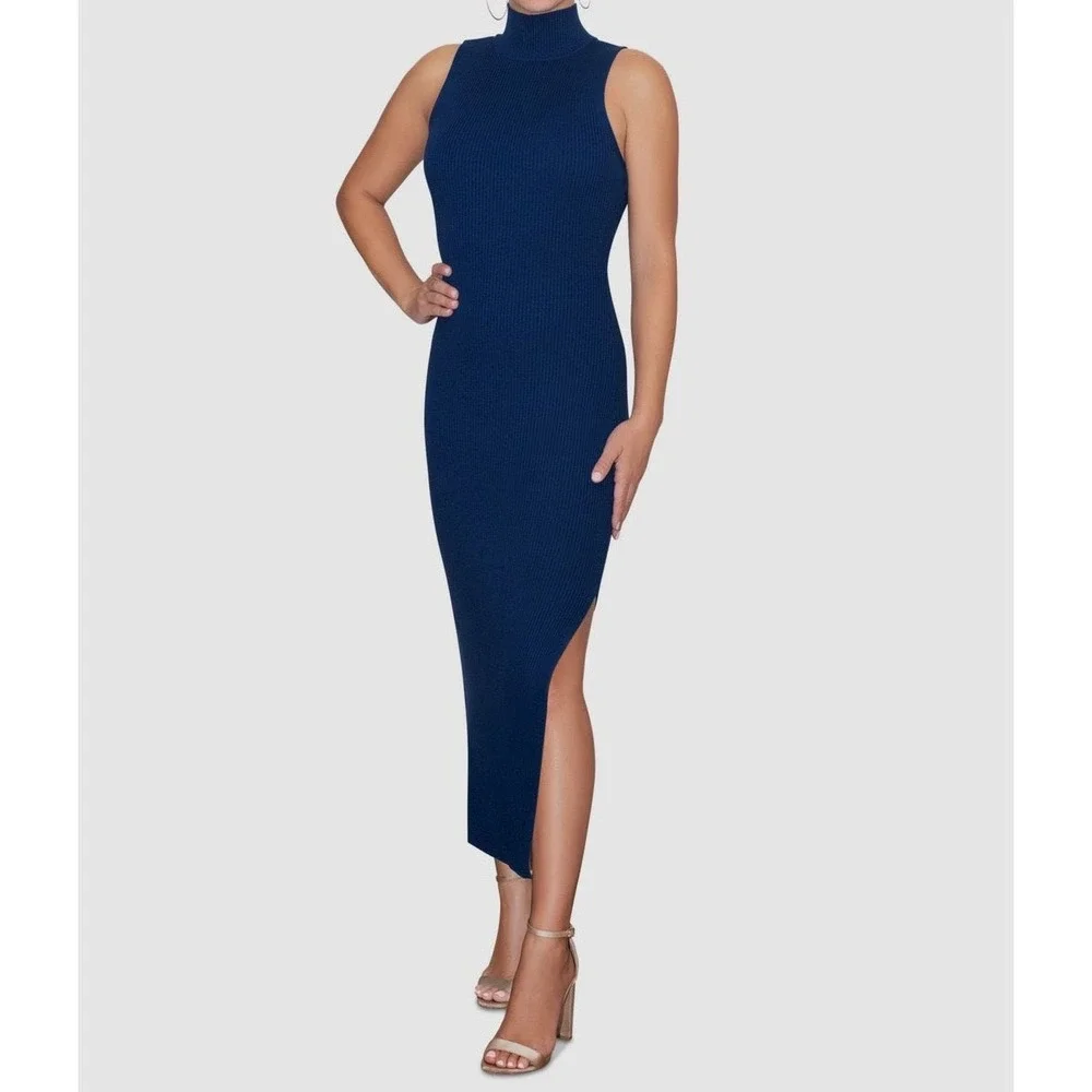 Rachel Roy Cobalt Blue Rib Knit Mock Neck Maxi Dress Side Slit Medium NWOT